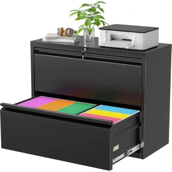 Metal Lateral File Cabinet with Lock, 2 Drawer File Cabinet, Black Filing Cabinet with Lock, File Cabinet for Home Office/Letter - Image 2