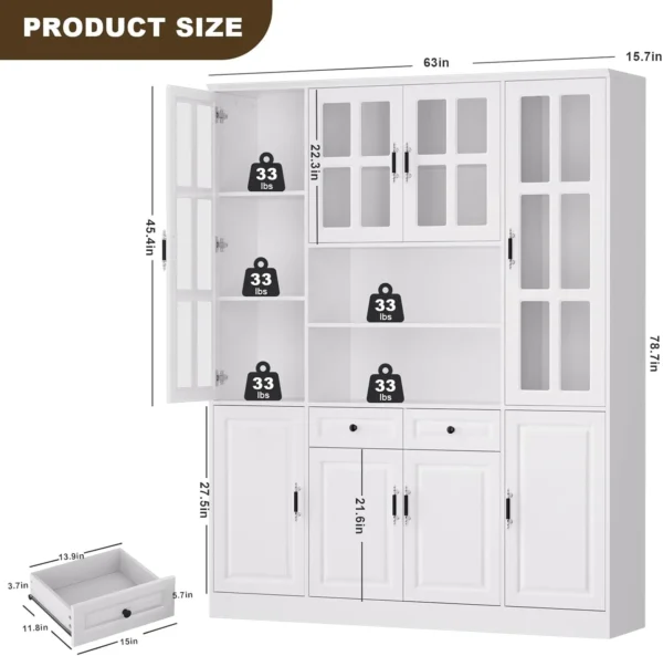 78.7" Tall Pantry Cabinet with Glass Doors & Drawers, Freestanding Utility Pantry Cabinet, Food Pantry Cabinet Cupboard, White - Image 2