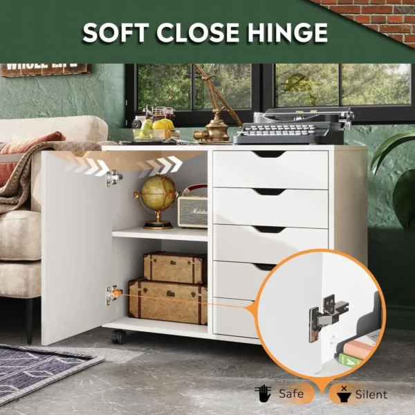 5-Drawer Wood Dresser Chest with Door, Mobile Storage Cabinet, Printer Stand for Home Office NEW USA - Image 4
