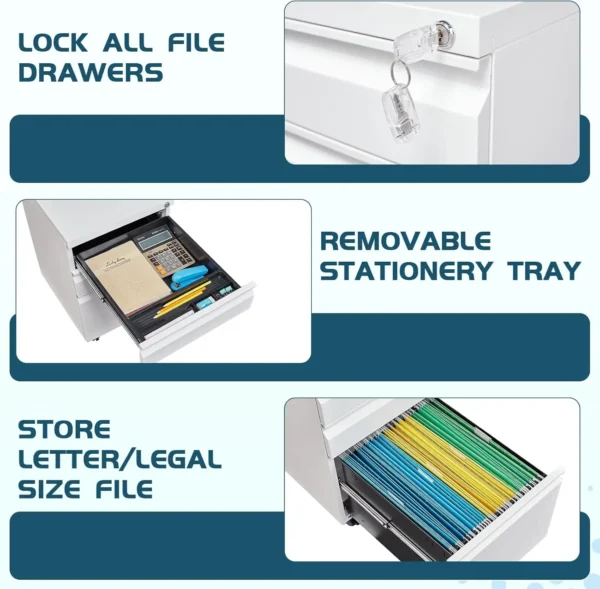 White Filing Cabinet 3 Drawers on Wheels Under Desk, Metal Rolling File Cabinet with Lock for Home Office, Small Mobile File Cab - Image 4