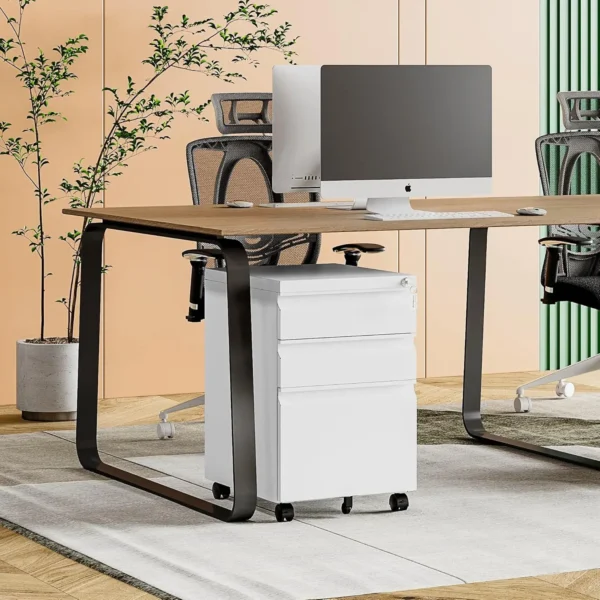 White Filing Cabinet 3 Drawers on Wheels Under Desk, Metal Rolling File Cabinet with Lock for Home Office, Small Mobile File Cab - Image 5