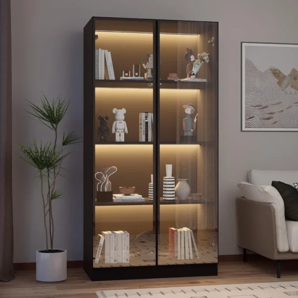 Display cabinet with LED lights, glass display cabinet with 4 shelves, curio cabinet with 2 glass doors - Image 3
