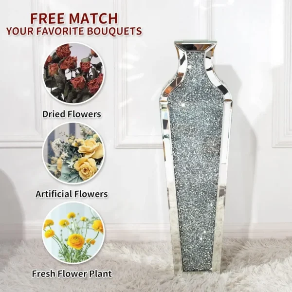 Tall Crushed Diamond Floor Vase Large Silver Mirror Vases for Decor Living Room Floor Decoration Home Decorations 26.8 Inches - Image 2