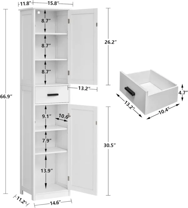 Bathroom Cabinet, Storage Cabinet with 6 Shelves & Drawer, Bathroom Storage Cabinet with Adjustable Shelves - Image 3
