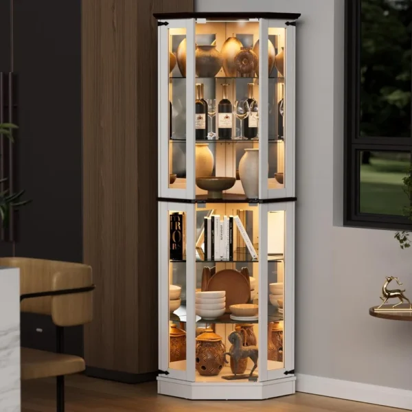 Tempered Glass Doors,6 Shelves,Floor Standing Display Cage Corner Wine Cabinet Storage Rack for Bar and Liquor Storage,White - Image 3