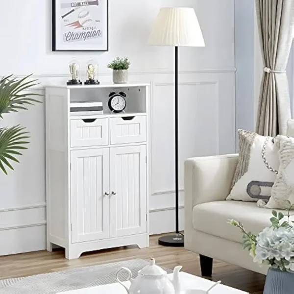 Bathroom Storage Cabinet with 2 Drawers & Adjustable Shelf, 2 Doors Bathroom Floor Cabinet, Wooden Cupboard for Living - Image 4