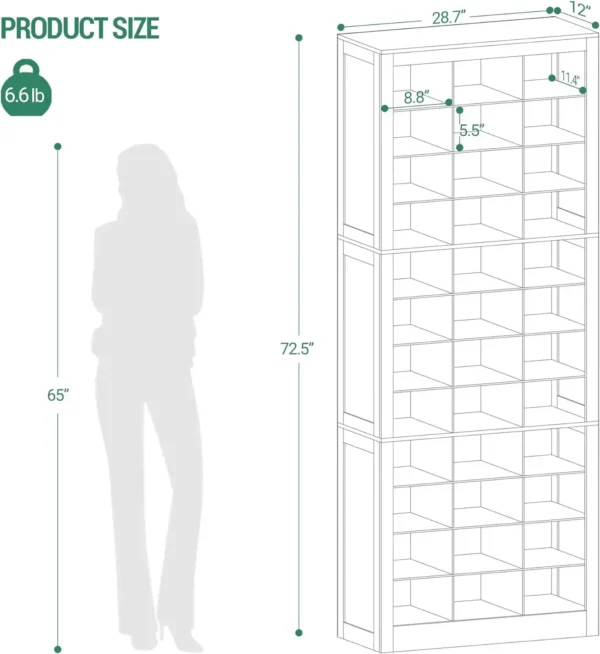 Shoe Storage Cabinet, 36 Pairs Free Standing Closet Organizer, 8.8 inch Widened Cell Wood Shoe Organizer, 12 Tiers Vertical - Image 2