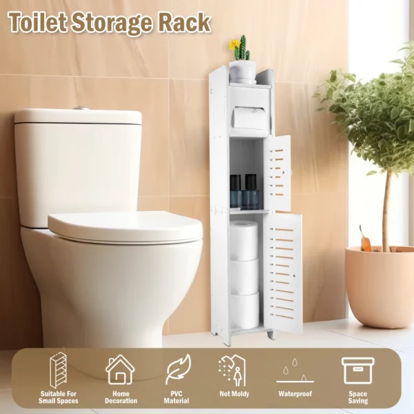 Bathroom Storage Cabinet 3 Tier Floor Cabinet Organizer with Door Free-Standing Toilet Roll Holder Narrow Toilet Storage Cabinet - Image 4
