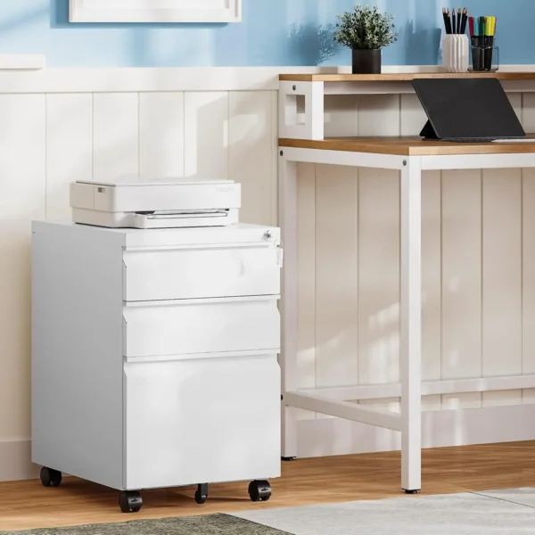 White Filing Cabinet 3 Drawers on Wheels Under Desk, Metal Rolling File Cabinet with Lock for Home Office, Small Mobile File Cab - Image 2