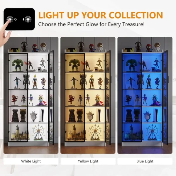 65 Inch High Display Cabinet with Doors and Adjustable Shelves, 5-layer Display Cabinet with Metal Handle/LED Light/human Sensor - Image 4