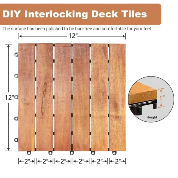 Acacia Wood Interlocking Deck Tiles - 12" x 12" Waterproof Indoor Outdoor Patio Flooring Decking Tiles, All Weather Use - Image 5
