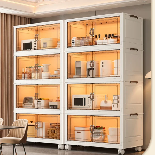 Kitchen Storage Cabinet Plastic Multi-laye Transparent Large Capacity Foldable Storage Cabinet with Magnetic Attraction Door