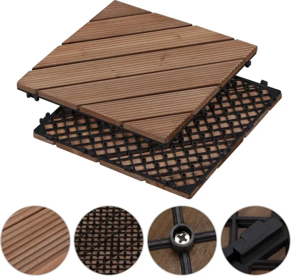 27 Pcs Wood Interlocking Flooring Tiles, Wooden Deck Tiles Interlocking Poolside Balcony, Easy Flooring,12 x 12in, Brown - Image 6
