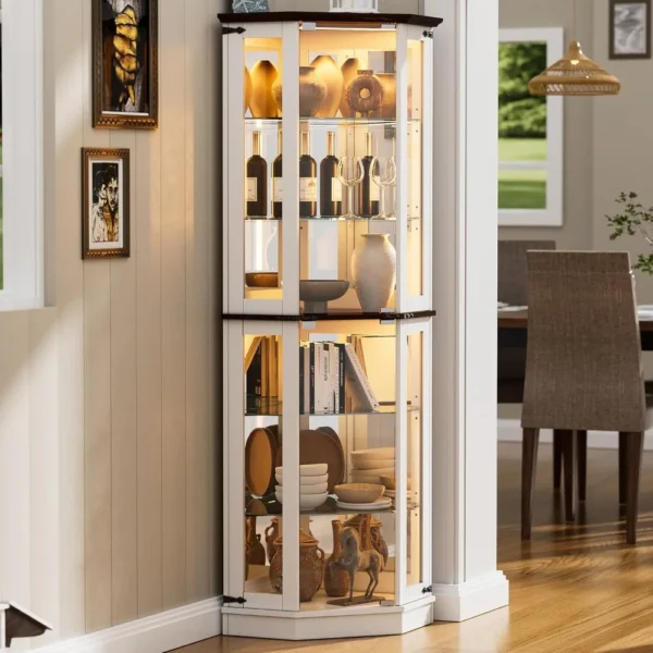 Tempered Glass Doors,6 Shelves,Floor Standing Display Cage Corner Wine Cabinet Storage Rack for Bar and Liquor Storage,White