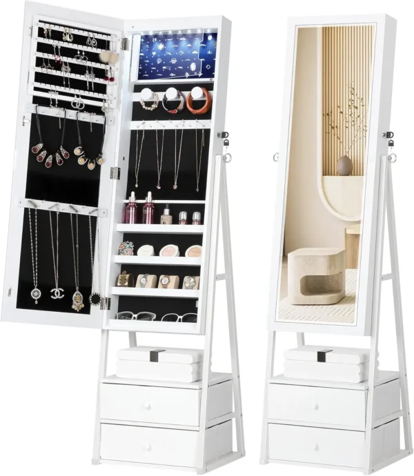 Armoire with 2 Drawers, Lockable Standing Jewelry Mirror Cabinet, Full Length Mirror with Jewelry Storage, White