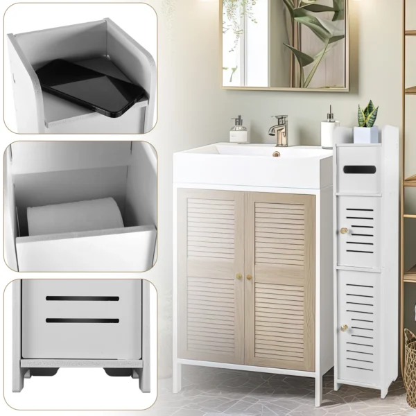 Bathroom Storage Cabinet 3 Tier Floor Cabinet Organizer with Door Free-Standing Toilet Roll Holder Narrow Toilet Storage Cabinet - Image 2