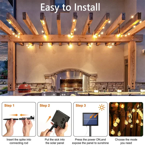LED Solar String Lights Outdoor 60 Leds Waterproof Crystal Globe Lights with 8 Modes Garden Light for Patio Party Tree Decor - Image 4