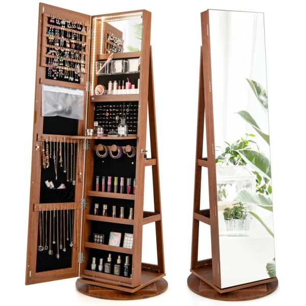 360° Rotating Mirrored Jewelry Cabinet Armoire 3 Color LED Modes Lockable Brown