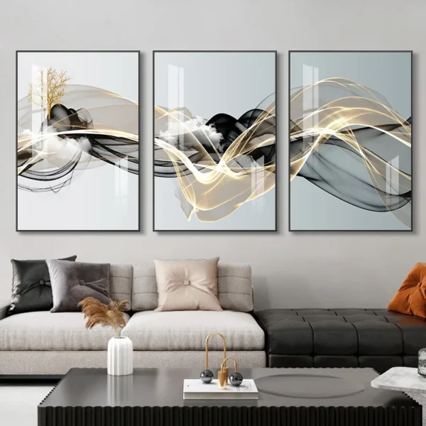3 Pieces Nordic Luxury Ribbon Abstract Landscape Wall Art Canvas Paintings Modern Gold Deer Poster Print Picture for Home Decor