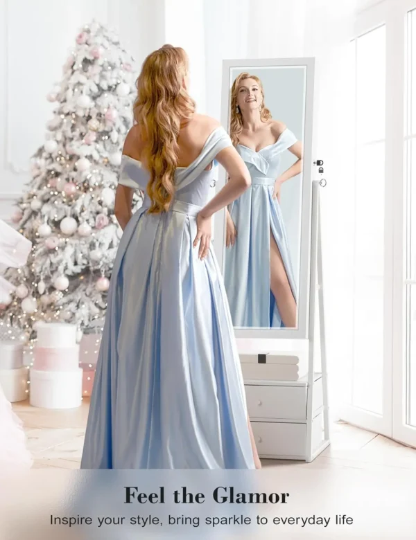 Armoire with 2 Drawers, Lockable Standing Jewelry Mirror Cabinet, Full Length Mirror with Jewelry Storage, White - Image 2