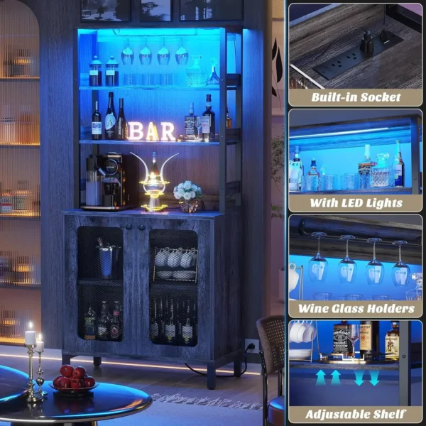 Bar Cabinet with Power Outlets, 67" Tall Wine Bar Cabinet Liquor Cabinet with LED Lights and Glass Holder - Image 6