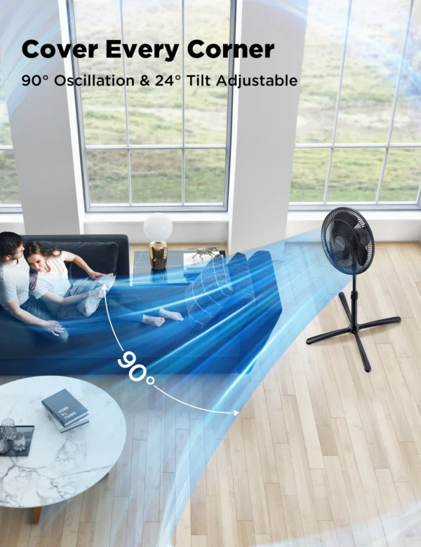 PELONIS 16‘’ Pedestal Stand Up Oscillating Fan with 3 Speeds Settings Ultra Quiet Adjustable Heights 2 Packs Black - Image 3