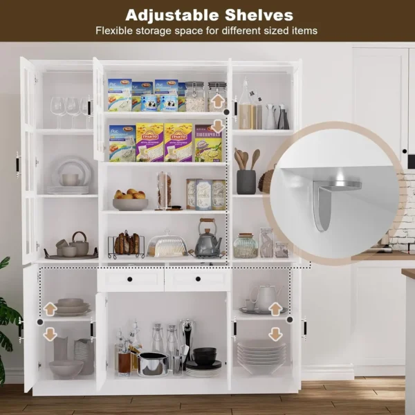 78.7" Tall Pantry Cabinet with Glass Doors & Drawers, Freestanding Utility Pantry Cabinet, Food Pantry Cabinet Cupboard, White - Image 3