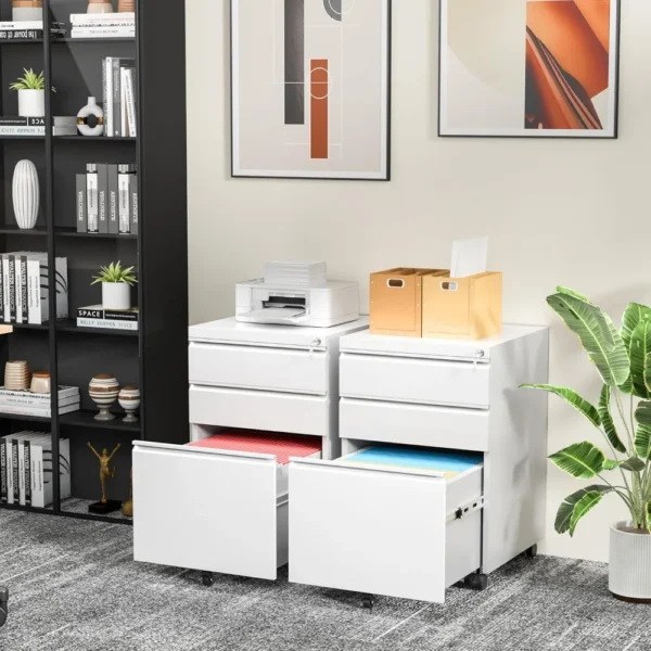 3 Drawer Filing Cabinet with Lock, White Mobile File Cabinet with Wheels, Rolling Small Metal Cabinets Under Desk - Image 2