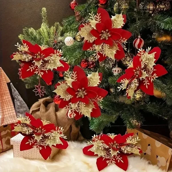 50/5PCS Artificial Glitter Christmas Flowers with Clips for Xmas Tree Ornament Fake Flower Floral New Year Party Home Decoration - Image 6
