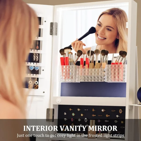 Length Mirror Jewelry Cabinet with Lights, 63" H Jewelry Armoire Storage with Mirror and Storage Shelf, White - Image 5