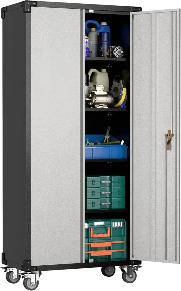 Storage Cabinet with Wheels,72" Metal Storage Cabinet with 2 Doors and 4 Adjustable Shelves, Lockable Rolling Cabinet