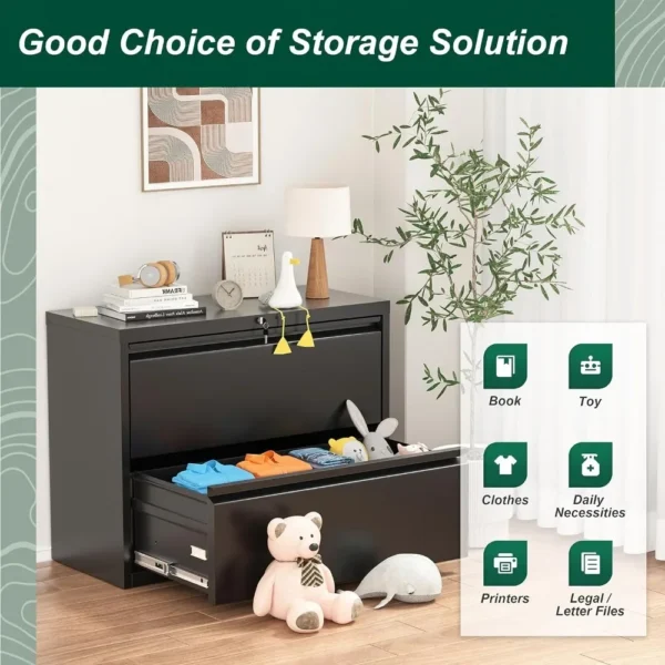 Metal Lateral File Cabinet with Lock, 2 Drawer File Cabinet, Black Filing Cabinet with Lock, File Cabinet for Home Office/Letter - Image 4