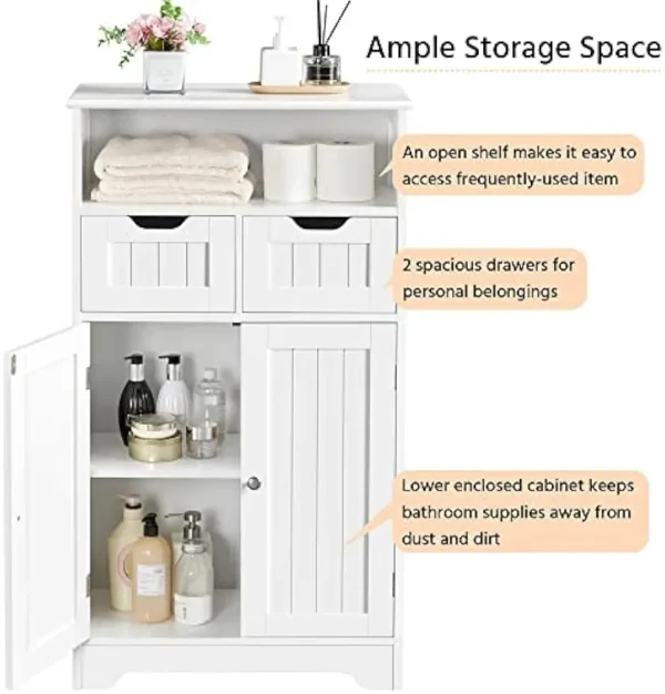 Bathroom Storage Cabinet with 2 Drawers & Adjustable Shelf, 2 Doors Bathroom Floor Cabinet, Wooden Cupboard for Living - Image 5