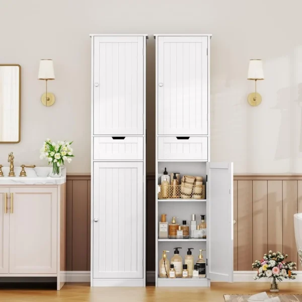 Tall Bathroom Cabinet, Storage Cabinet with 2 Doors & 1 Drawer, Freestanding Linen Cabinet with Adjustable Shelves, Floor - Image 3